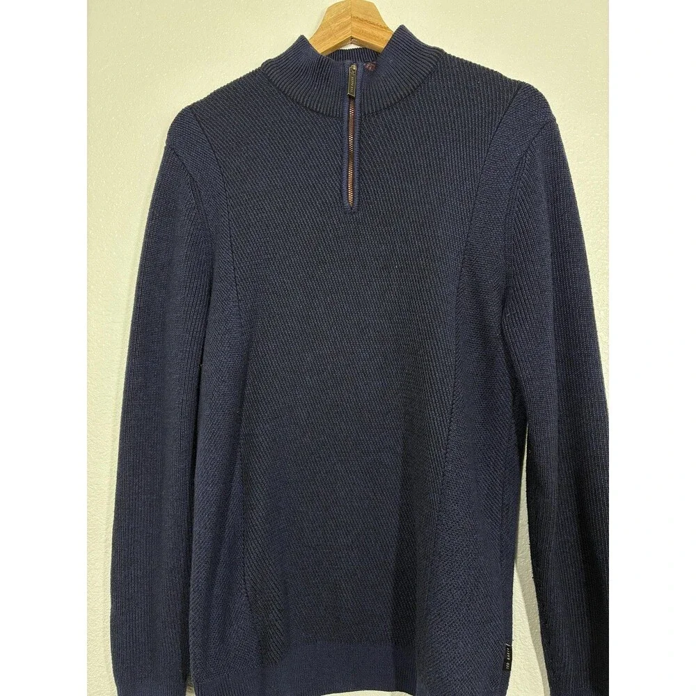 Ted Baker Sweater Mens Medium Blue Quarter Zip Mock Neck Textured Knit Pullover